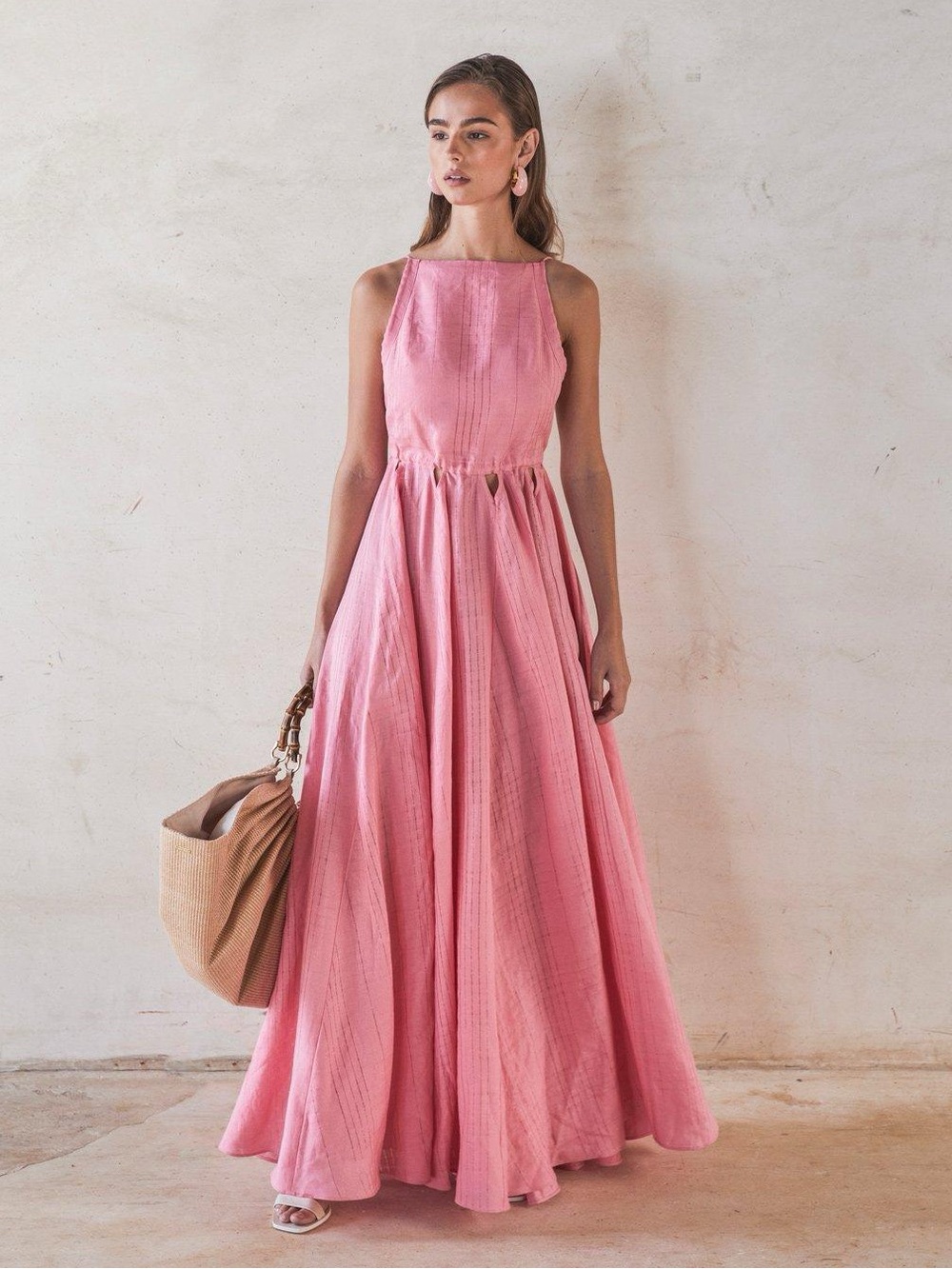 NWT Cult Gaia Bella Pink Linen Tie Up Cutout Open Back Maxi Dress S